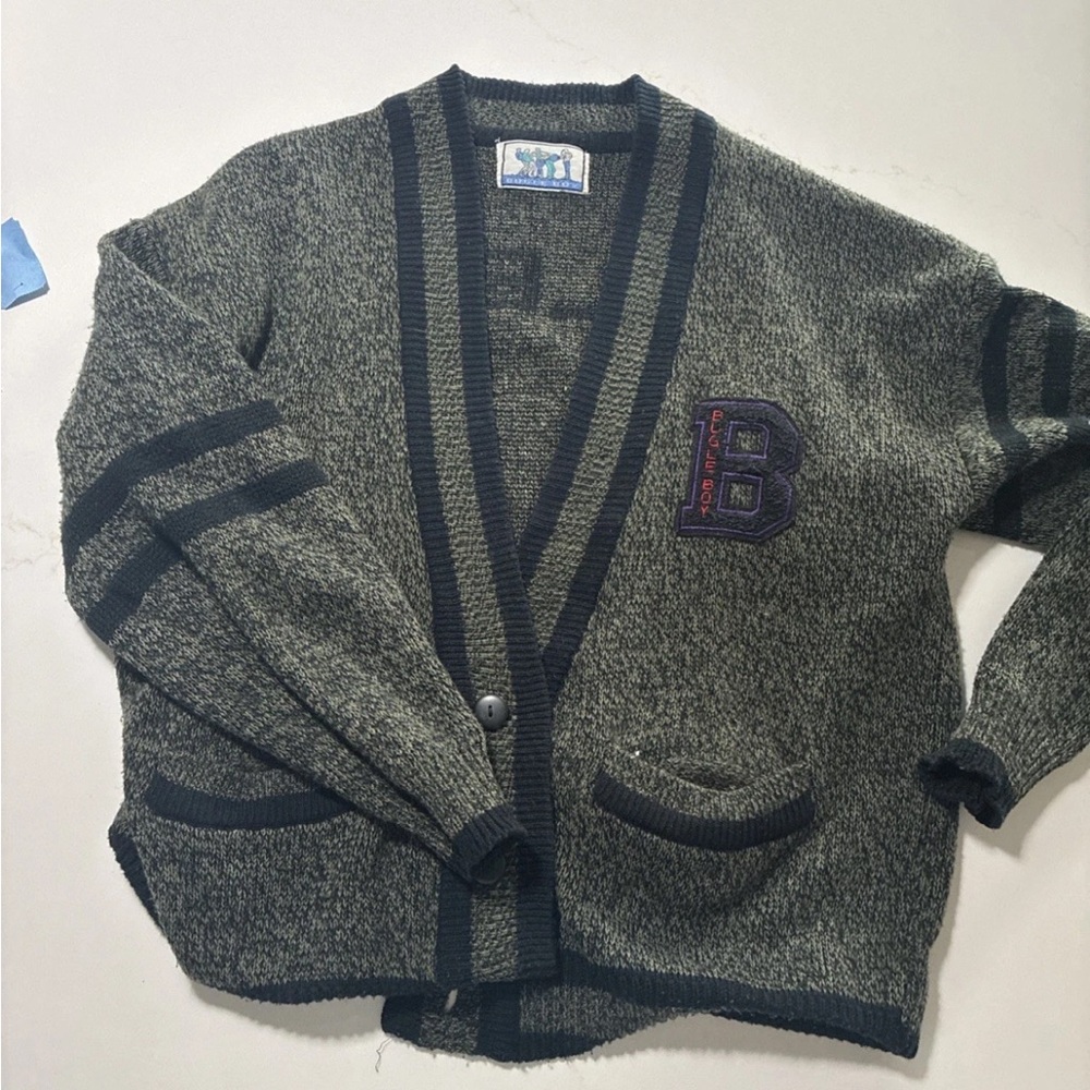 Vintage late 80’s Bugle Boy Gray and Black Cardigan with Logo